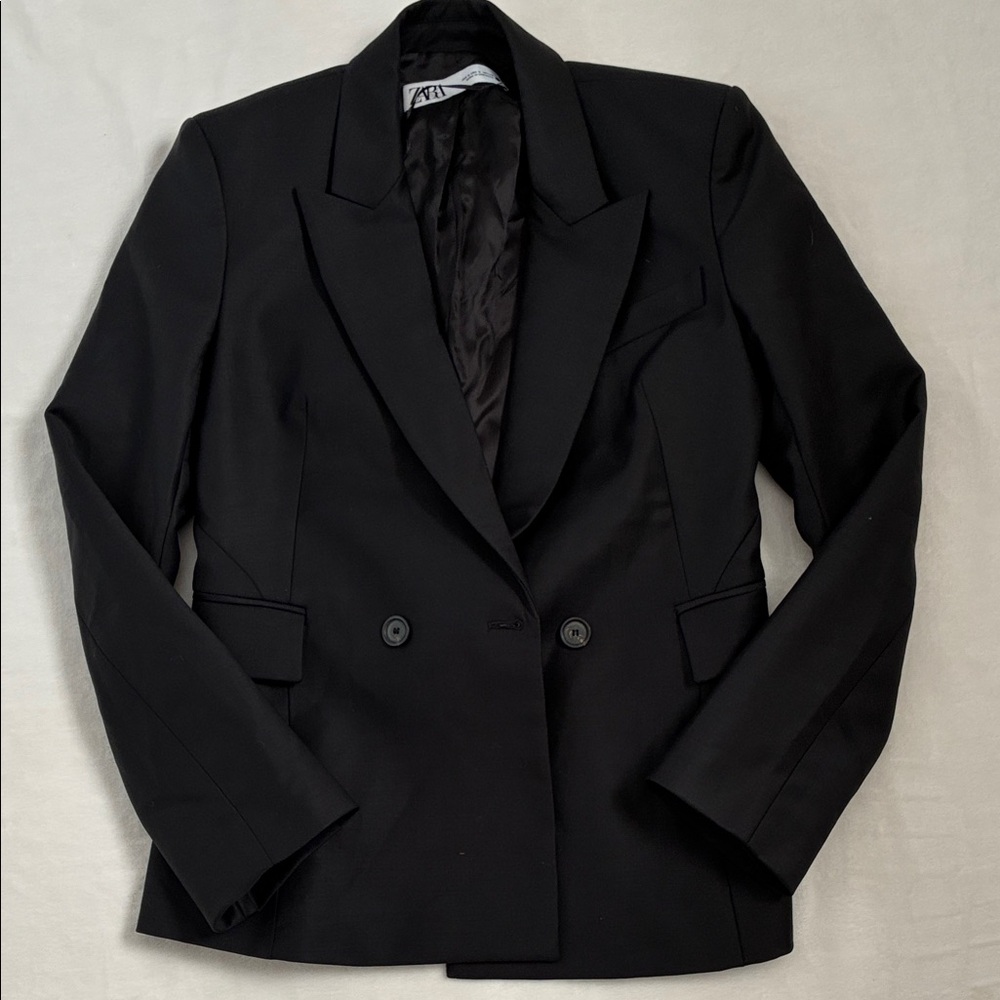 Zara ZW Collection Structured Double Breasted Blazer Black Tailored Jacket wool